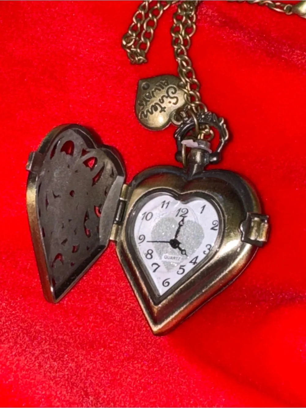 Heart Locket Pendant Watch - Bronze Tone with White Face